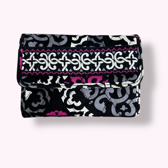 Vera Bradley Tri-Fold Wallet Accordion Quilted Cotton Black Pink ID Card Case - Picture 13 of 13